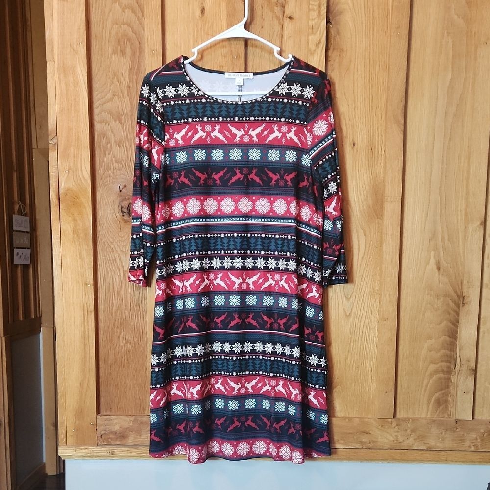 Holiday Party Snowflake Oversized A-Line 3/4 Sleeve Dress, Small, Black & Red
